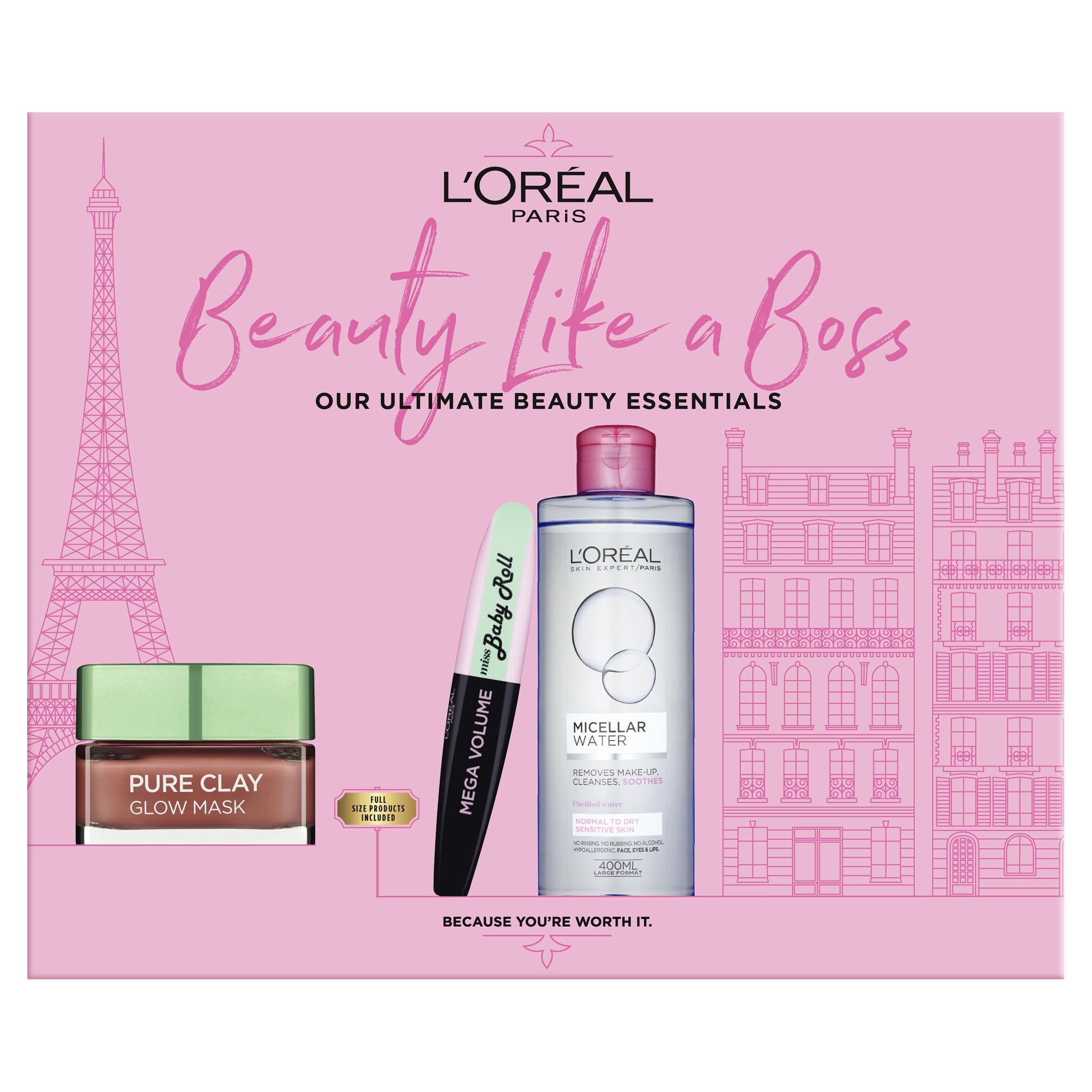 L’Oréal Paris Gift Set, Includes Mascara, Clay Mask, and Micellar Water, Ultimate Skincare and Makeup Essentials for Beautified Skin and Eyes, Prep and Glow, Beauty Like a Boss