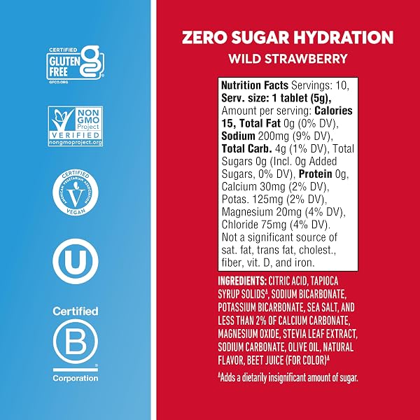 NUUN ZERO SUGAR HYDRATION ELECTROLYTE TABLETS – SODIUM, POTASSIUM, CHLORIDE, CALCIUM, MAGNESIUM, LIGHT & DELICIOUS FRUIT FLAVORS, NO SUGAR, GLUTEN FREE, VEGAN, WILD STRAWBERRY (80 TOTAL SERVINGS)