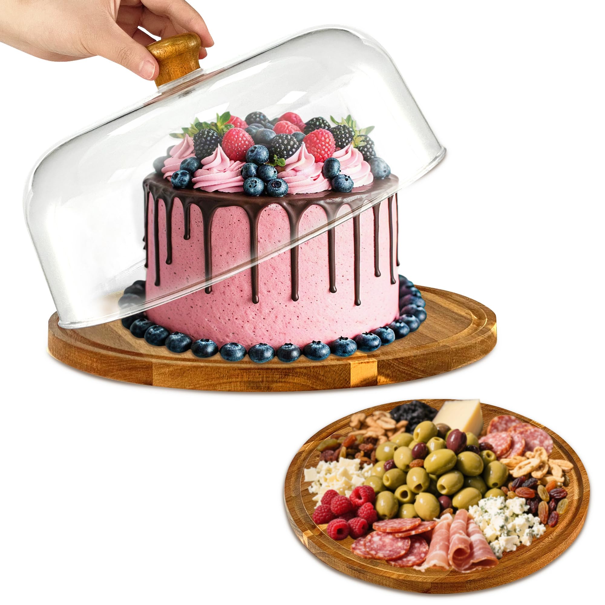 Photo 1 of Mozphae Wood-Cake-Stand With Acrylic Dome Lid, Round Wooden Cake Holder Plate With Cover, 2-in-1 Dessert Table Display Set For Party, Charcuterie Board For Cheese, Chips & Dips, Nachos, Fruit Platter