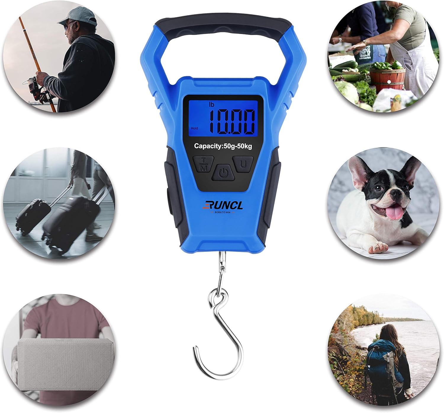 RUNCL Waterproof Fishing Scale with Fish Lip Gripper, Digital Fishing Scale with Ruler, Weight Scale 110lb/50kgs - Backlit LCD Display, Memory Storage & Summation - Hanging Scale (Blue): Industrial & Scientific
