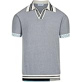 OXKNIT Men's Knitted Polo Shirts Grey V Neck Stripe Collar Summer Shirt
