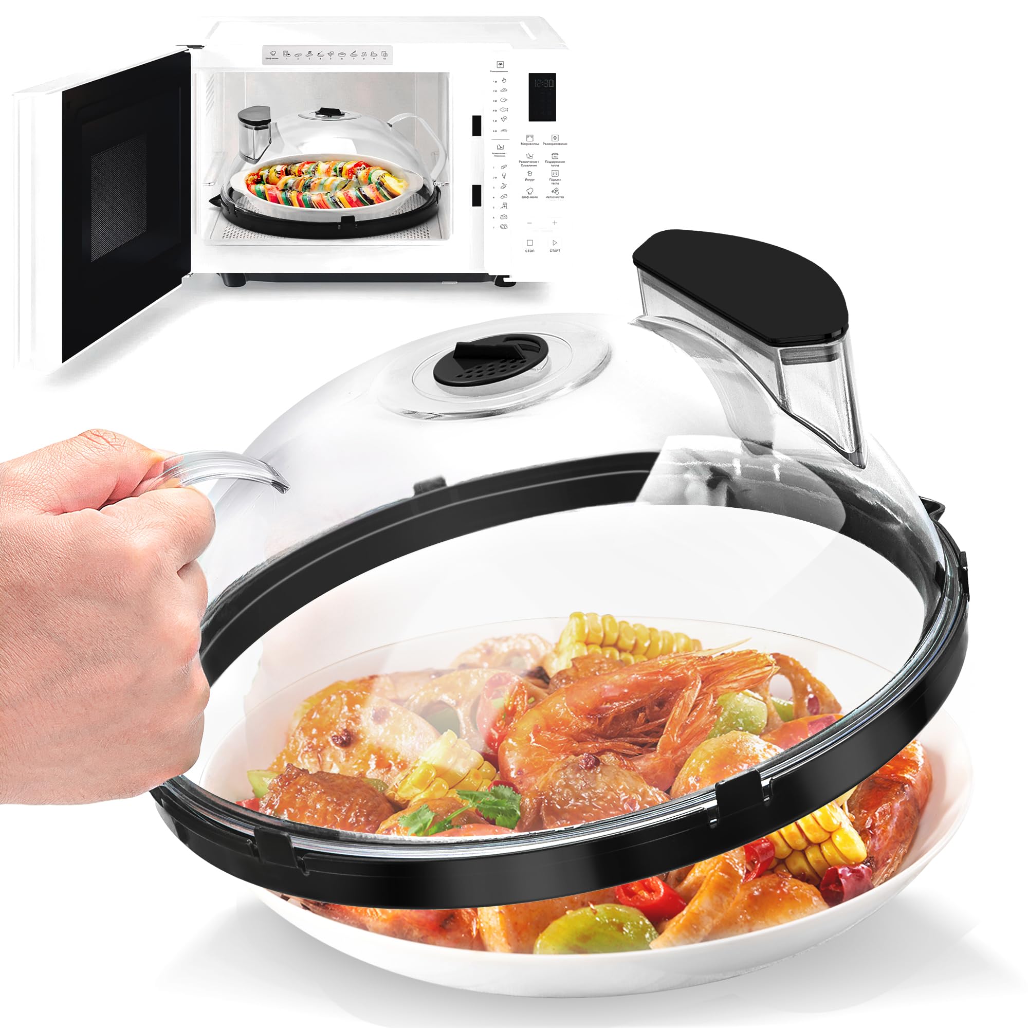 Photo 1 of Fkprorjv Microwave Splatter Cover with Water Steamer, 12 inch Clear Microwave Plate Cover for Food, Splatter Guard Microwave Lid for Microwave Oven, Kitchen Gadgets Accessories, Black