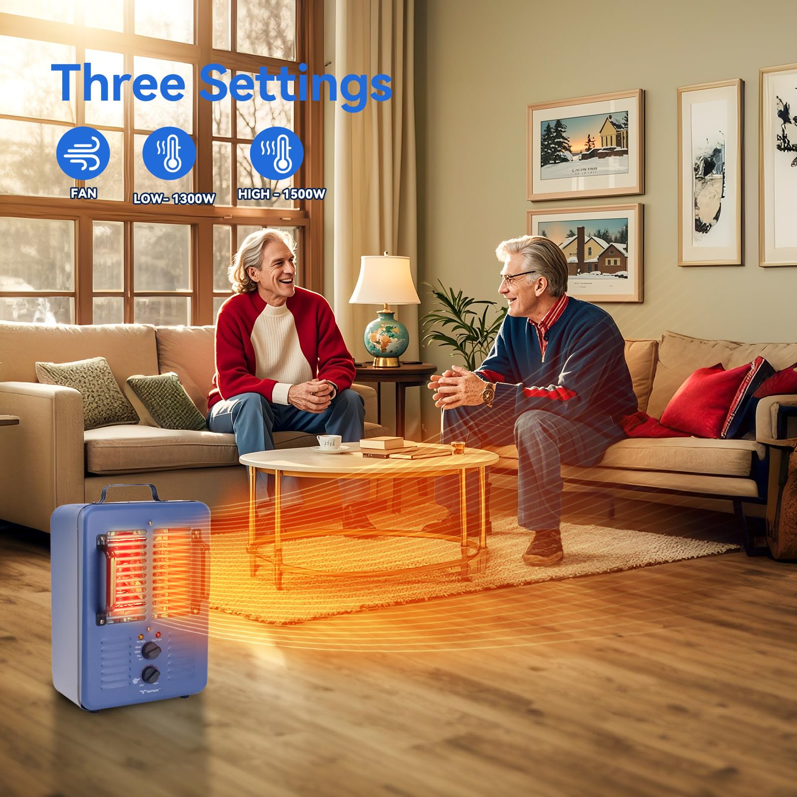 Milkhouse Space Heater, 1300W/1500W Heater with Thermostat, 3 Heat Settings, Safe and Quiet Heater, Anti-Freezing Setting for Garage Workshop Warehouse, Blue