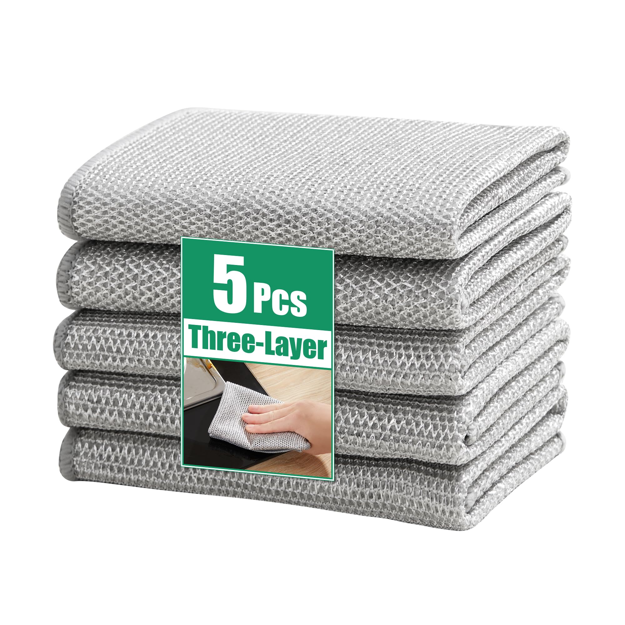 Photo 1 of JOYMOOP Multipurpose Non-Scratch Silver Fiber Dishwashing Cloths, Reusable Cleaning Rags, Scrubbing Pads for Dishes, Glass, Stainless Steel - 5 Pack