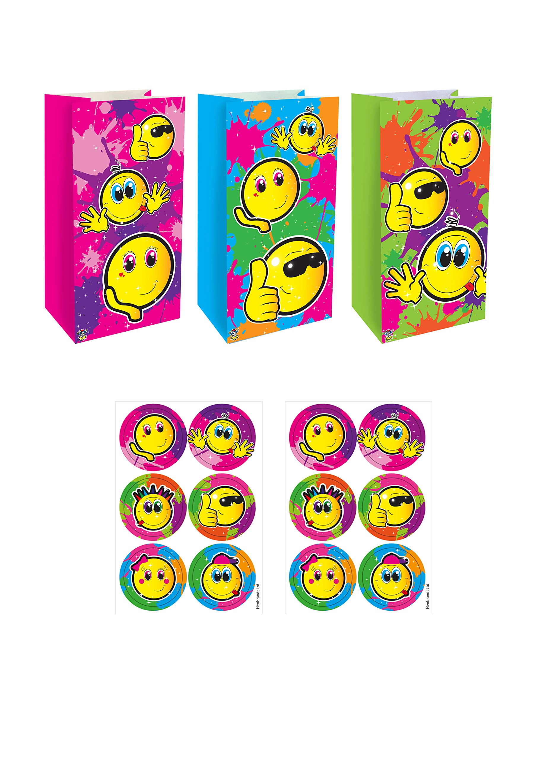 HENBRANDT 24 Smiley Face Party Bags with Sealing Stickers, 3 Assorted Designs, Kids Paper Lunch Bags, Party Favours, Goodies Treats Bags, Smiley Gift Bags for Birthdays, Picnics, Boys and Girls