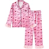 Sylfairy Girls Valentines Pajamas Satin Pajama Set Silk Pjs Long Sleeve Button Down Heart Sleepwear Loungewear Sets for Kids