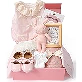 Golray Newborn Baby Girl Gifts New Born Cloths Baby Shower Gift with Bodysuit Cloth Soft Shoes/Socks/Blanket/Headband/Crochet Rabbit Toy/Greeting Card, New Born Essentials Baby Girl Gift Basket Stuff