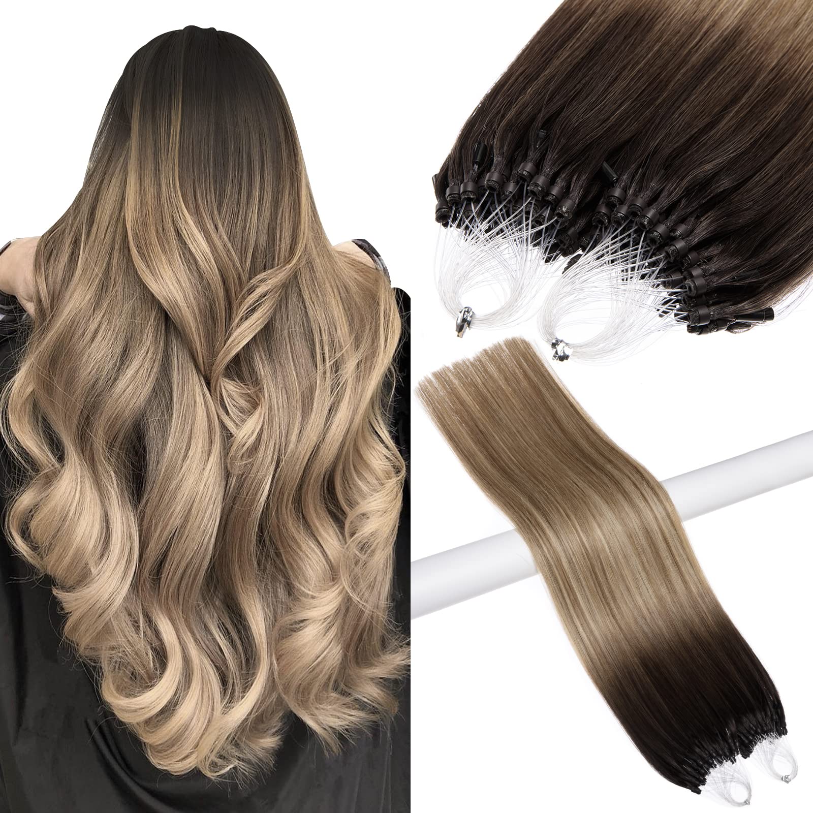 Kun Na Micro Beads Loop Hair Extensions Virgin Human Hair Ring 1g/Strand 50s/Pack Silky Straight Pre-Blonded Remy Hair Extension(14 inch, 3/8/22) — image 1