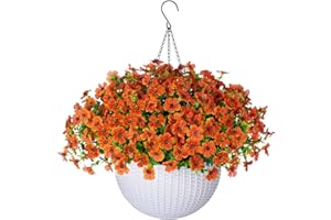 HYEFLORA Artificial Fake Fall Hanging Flowers Plants Basket for Outdoor Outside, Faux Silk UV Resistant Look Real Orange Mums Daisy in Hang Planter for Autumn Porch Patio Yard Home Decoration