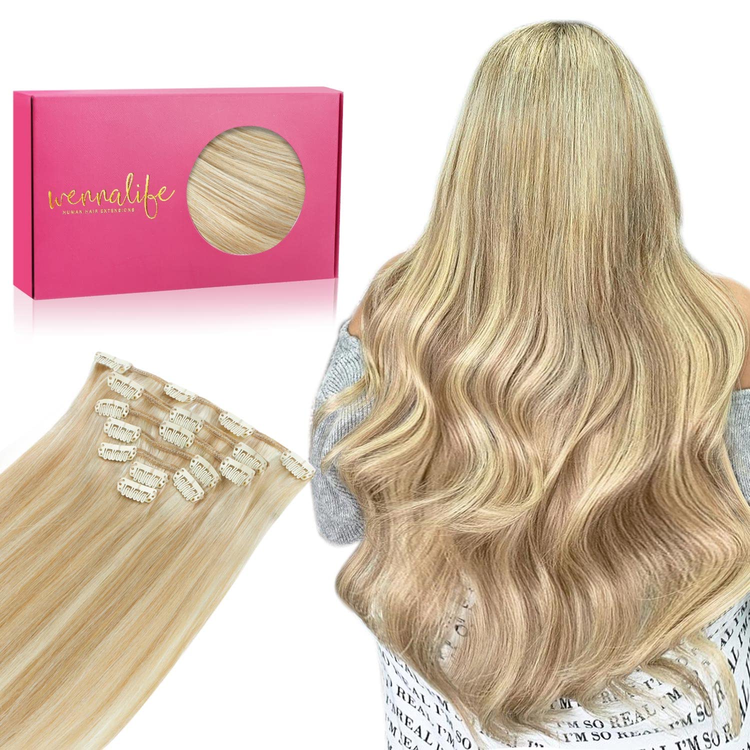 Wennalife Clip In Hair Extensions, 20 Inch 70g 7pcs Dirty Blonde Mixed Bleach Blonde Hair Extensions Clip In Real Hair Remy Human Hair Extensions Natural Silky Clip In Human Hair Extensions