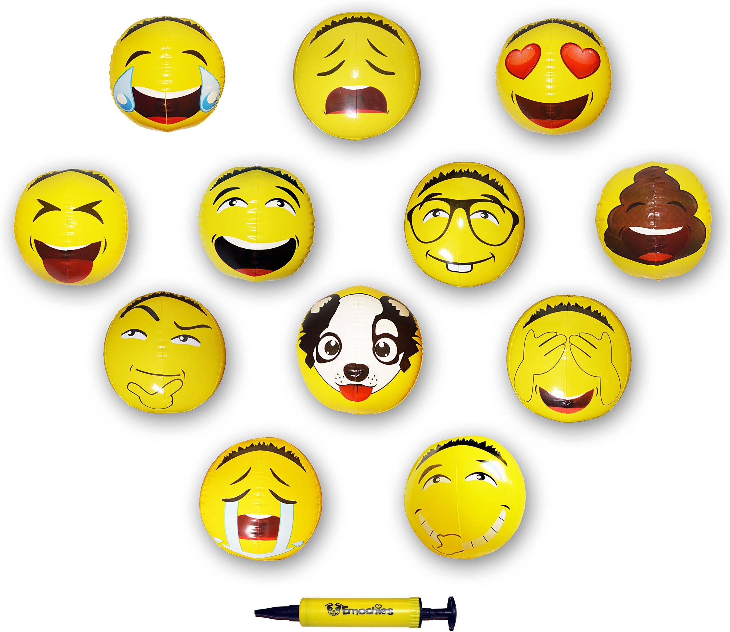 Emochies 12" Asian Emoji Inflatable Water Beach Balls (12 Pack of 12 Unique Designs) - Bonus Mini Air Pump - Ideal for Pool, Park, Festivals & Summer Parties