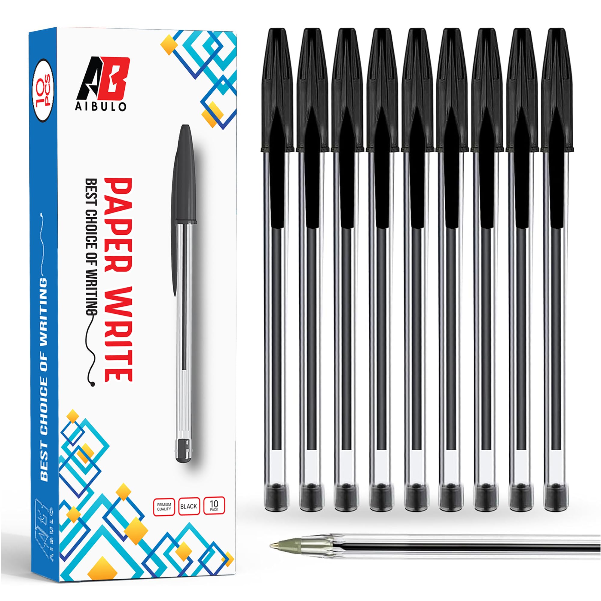 AIBULO Black Biro Pens – Smooth Writing Ball Point Pens with Medium 1.0mm Tip – Office Product & School Stationary – Biros Multipack Black Ink for Everyday Use (10)