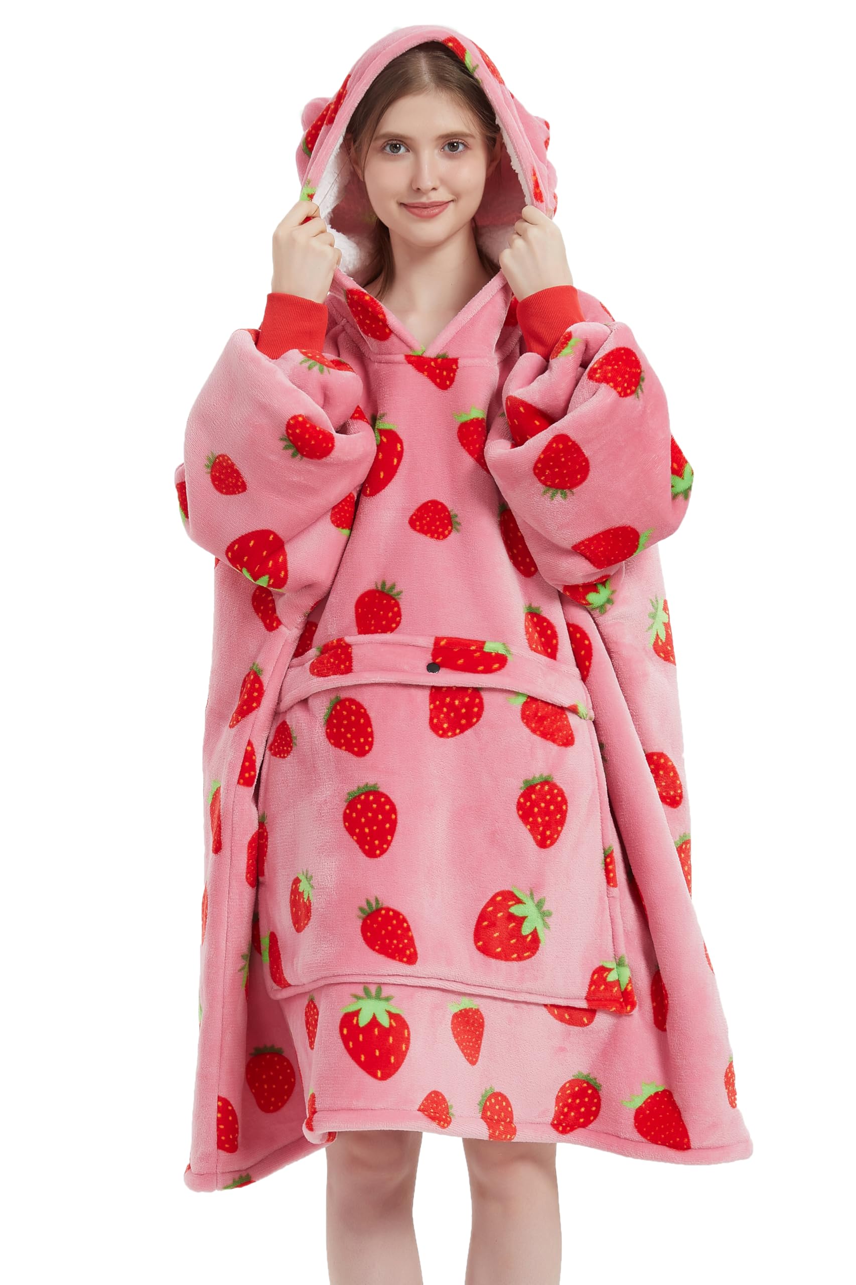 VERTAST Oversized Hoodie Wearable Blanket Sweatshirt for Men Women, Comfortable Sherpa Lining Super Soft Plush Warm Blanket Hoodie Homewear, Strawberry
