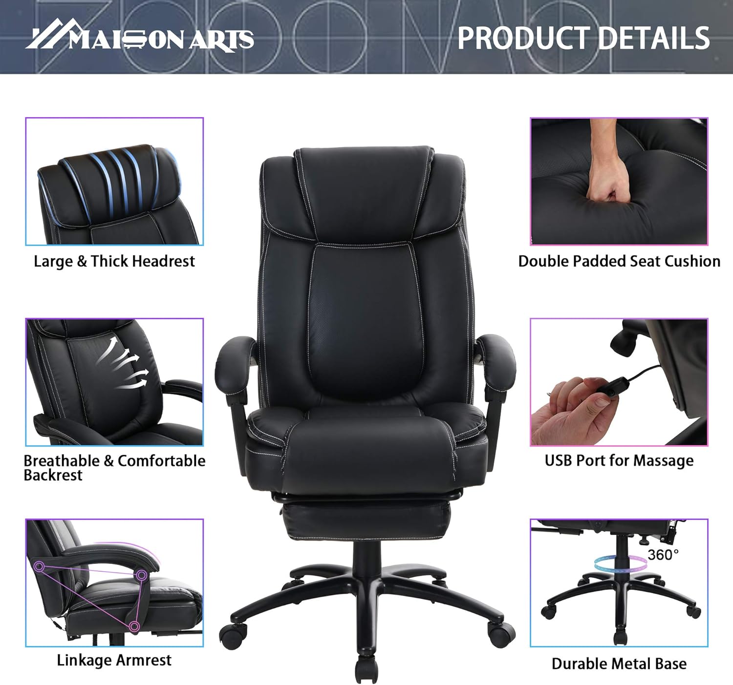 MAISON ARTS Big and Tall Bonded Leather Reclining Office Chair Task Chair, 400lb High Back Executive Massage Computer Desk Chair with Retractable Footrest and Metal Base for Home Office: Kitchen & Dining