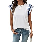 Acelitt Womens Summer Ruffle Short Sleeve Top Crewneck T Shirts Boho Floral Trim Casual Blouses