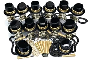 Crown Display New Years Eve Party Supplies 2026 I 250 Pcs I Black and Gold Top Hats Tiaras Bead Necklace Noise Makers I 2026 New Years Decorations Happy New Year Decorations 2026 Bulk Party Favors