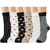 Darller 6 Pairs Womens Cotton Crew Socks, Casual Soft Calf Dress Socks Heart Striped Pattern