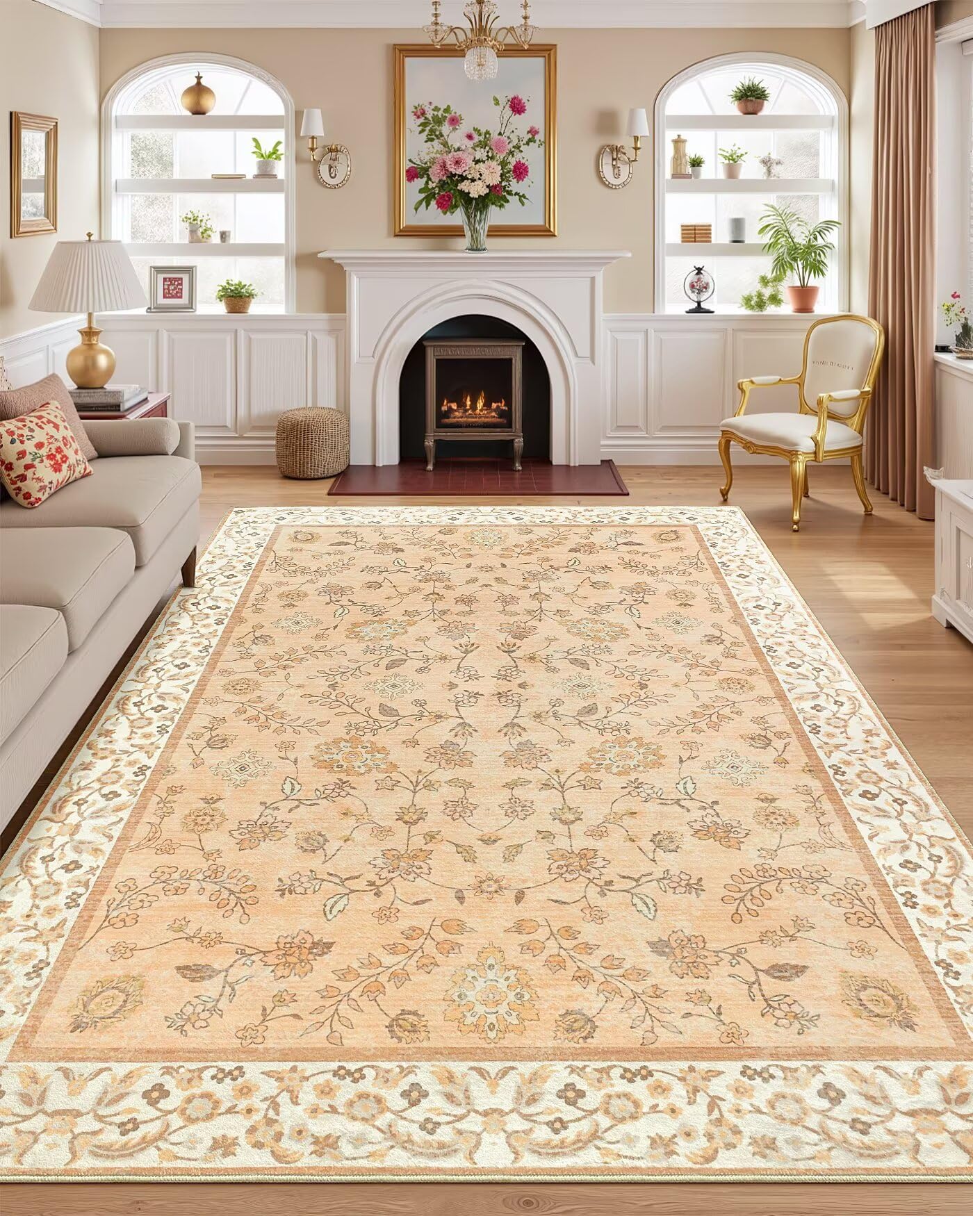 Flagover 8x10 Large Area Rugs for Living Room, Boho Washable Bedroom Rug, Vintage Floral Non Slip Rugs, Soft Low Pile Carpet for Kitchen Dining Room Office Farmhouse, Cinnamon Orange Image