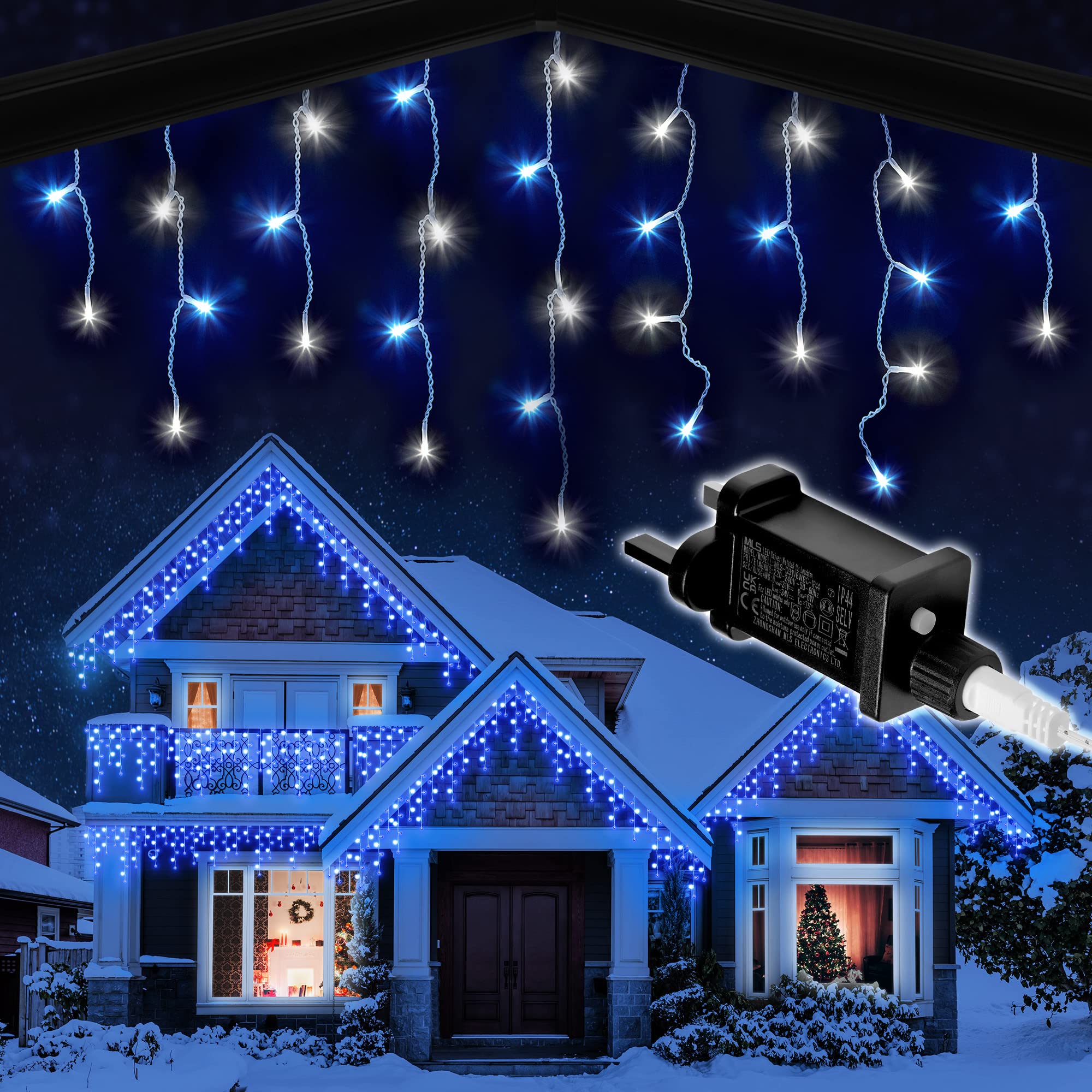 Icicle Lights Outdoor Christmas 240 LED 7.5m Lit Length, Blue & Cool White LED Icicle Fairy House Lights with 8 Hours On Timer, Memory, 8 Lighting Modes, Mains Powered – 240 LED, Blue & Cool White