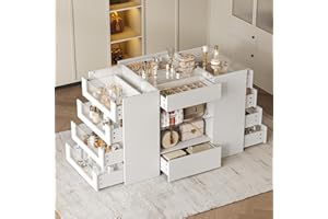 LIVAUVEAD Closet Island with Drawers, Wardrobe Armoire Bedroom Island, Glass Display Shelf & 12 Drawers, White Dresser with Glass Top, Walk-in Closet Island for Bedroom, Cloakroom