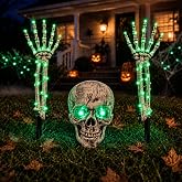 Halloween Skeleton Decorations Outdoor, 3-Piece Green LED Yard Stakes, Skull with Glowing Eyes & 18.7-Inch 8-Mode Lighted Arms, Battery-Powered for Lawn, Garden, Graveyard and Haunted House Scene
