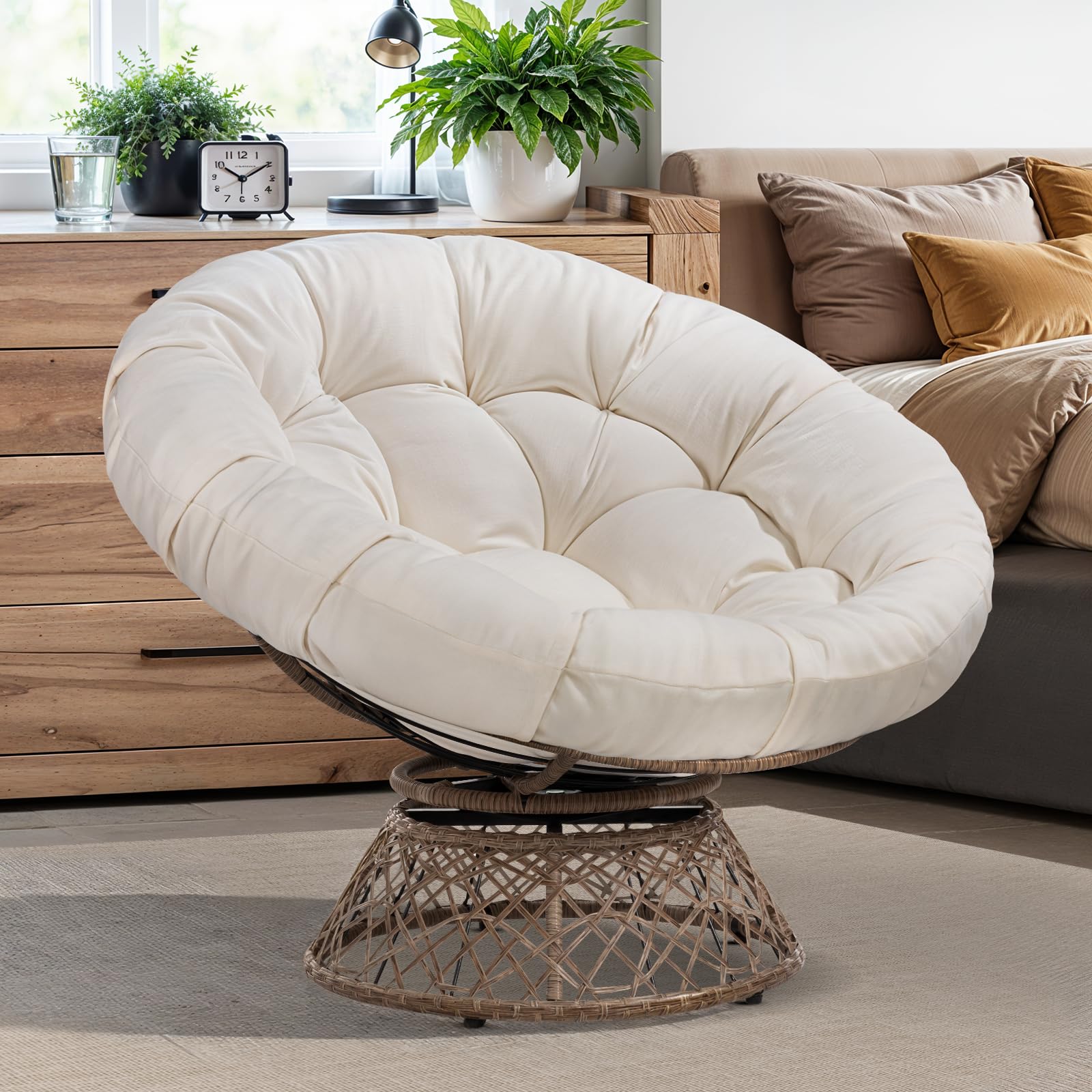 Photo 1 of Bme 40" Ergonomic Wicker Papasan Chair with Soft Thick Density Fabric Cushion, High Capacity Steel Frame, 360 Degree Swivel for Living, Bedroom, Reading Room, Lounge
