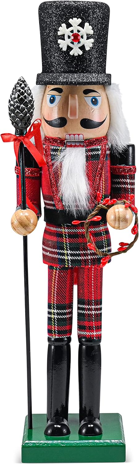 Nutcrackers - Ornativity Christmas Buffalo Plaid Nutcracker – Red and Black Wooden Nutcracker Soldier with an Acorn Staff and Holly Berries Wreath Xmas Themed Holiday Nut Cracker Doll Figure Decorations