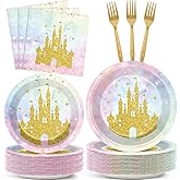 96Pcs Princess Castle Party Decorations Watercolor Pastel Rainbow Paper Plates and Napkins Gold Glitter Tableware Set Princess Plates for Girl Birthday Party Baby Shower Decoration Serve 24