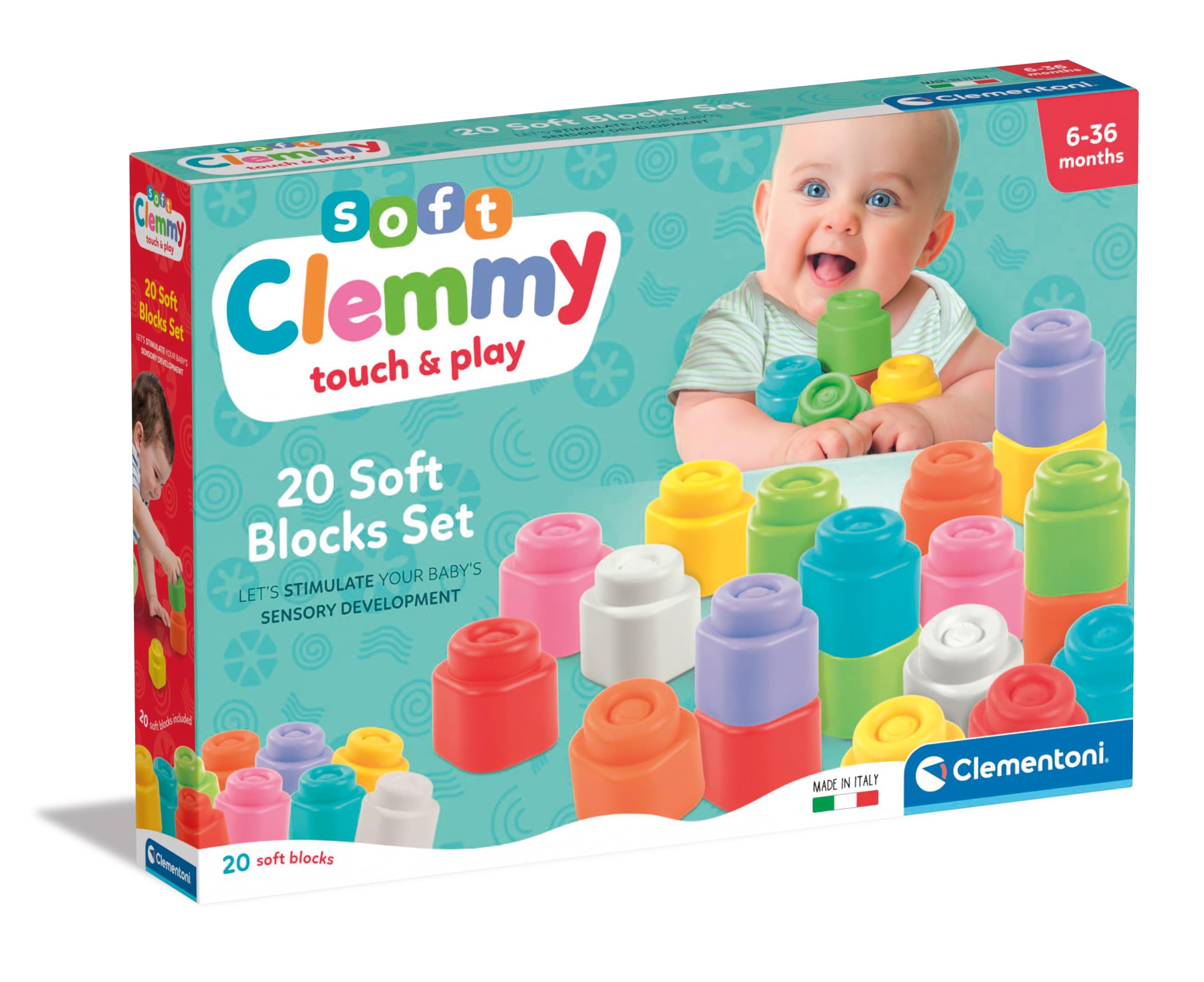 Clementoni Baby Blocks - Clemmy 20 Soft Building Blocks Set - Soft Building Blocks, Clemmy Blocks for Kids 6 Months, Bricks Washable, Construction Set, Development & Activity Toy, Made In Italy, 17989
