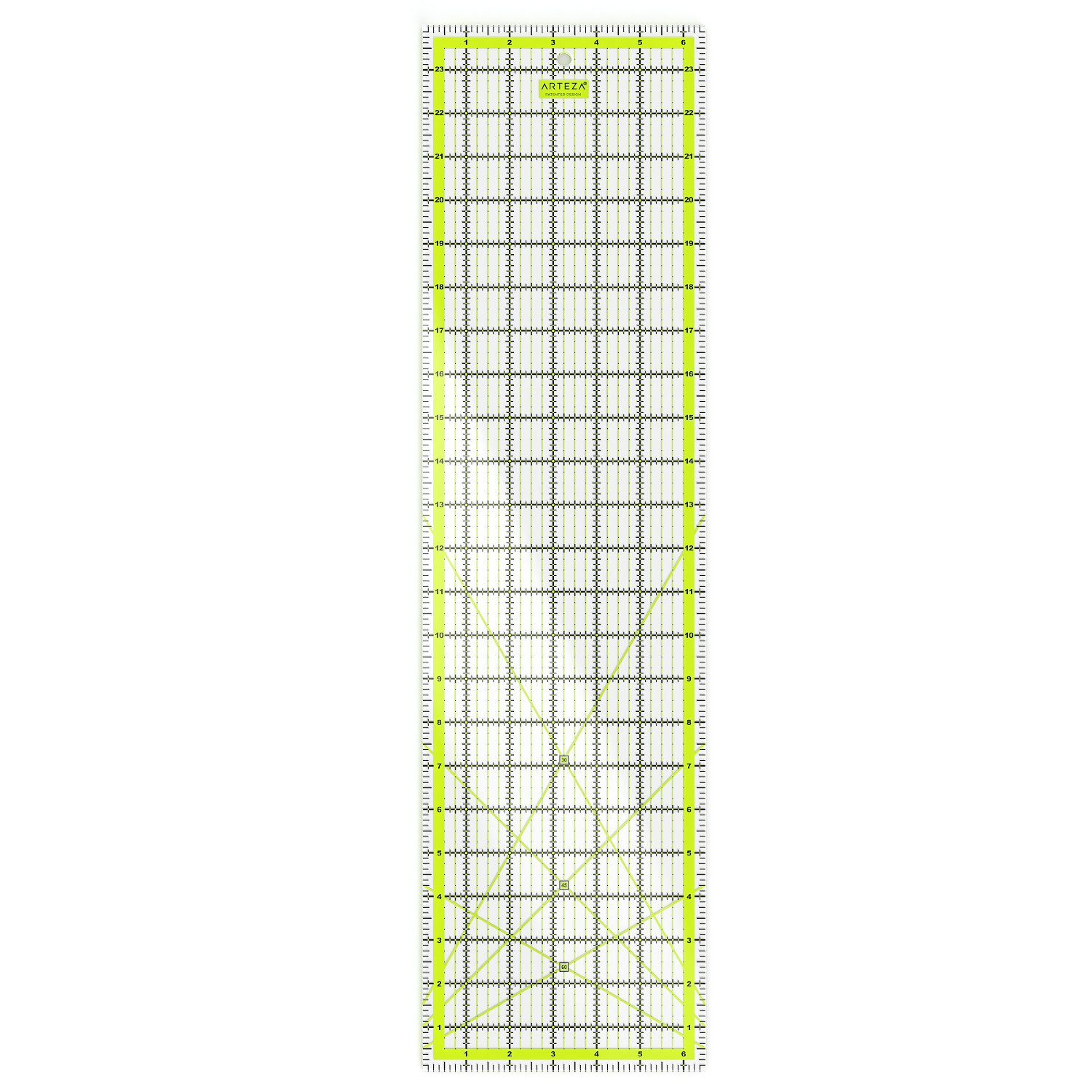 Arteza Quilting Ruler, Laser Cut Acrylic Quilters' Ruler with Patented Double Coloured Grid Lines for Easy Precision Cutting, 6.5" Wide x 24" Long for Quilting, Sewing & Crafts, Black & Lime Green