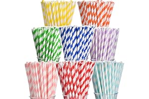 ALINK 200-Pack Biodegradable Paper Straws, Assorted Rainbow Striped Smoothie Straws for Birthday, Wedding, Bridal/Baby Shower, Christmas Decorations and Party Supplies