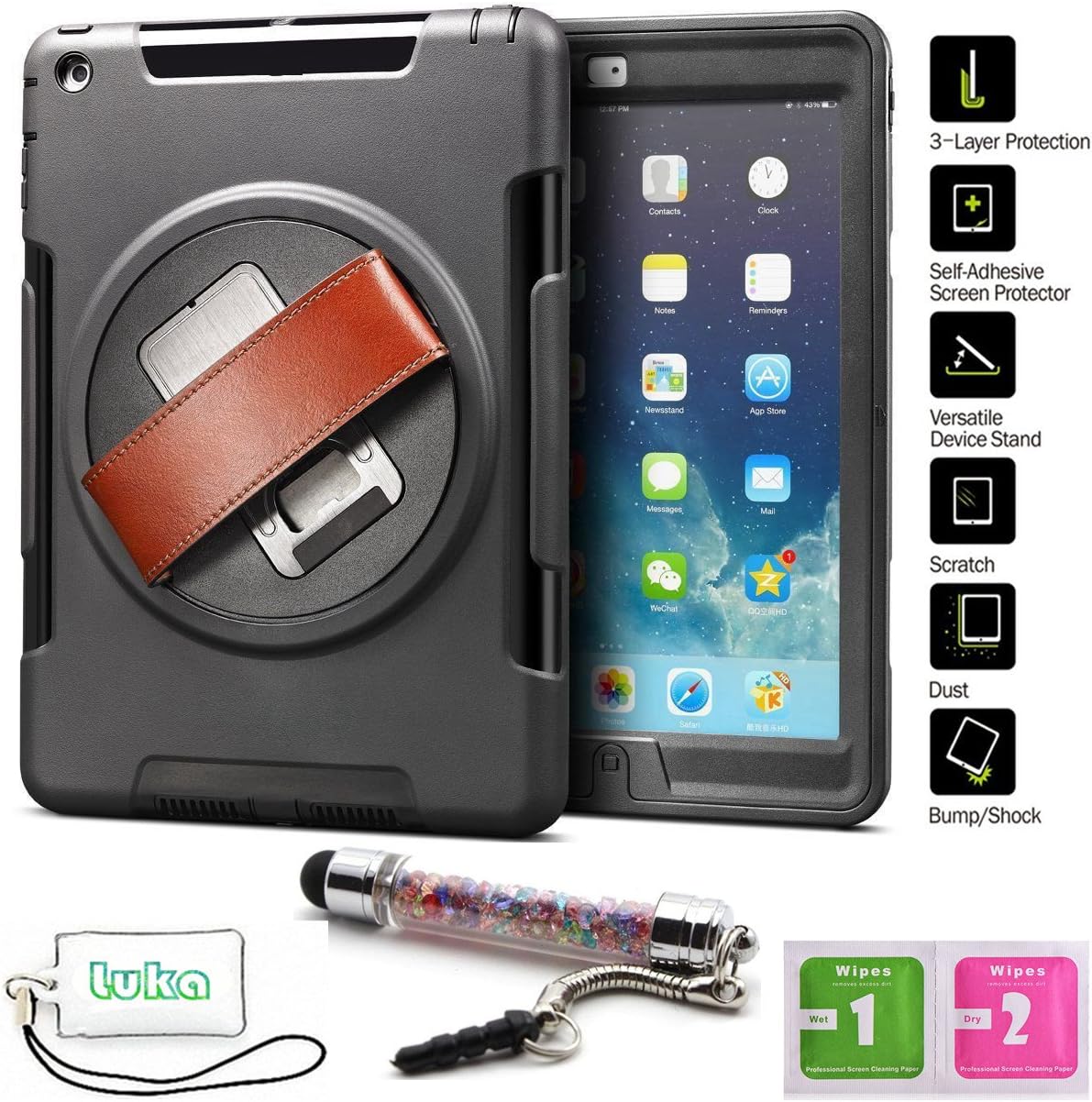 Luka 360 Degree Rotation Black Case With Stand,Compatible with iPad 2/3/4,For Ipad 2/3/4 Rugged: Water Proof, Dirt proof and Shockproof, 360 rotatable,Yellow Leather Hand Strap With Built-in Stand(Ipad 2/3/4, Black)