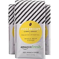 AmazonFresh Just Bright Whole Bean Coffee, Light Roast, 12 Ounce (Pack of 3)