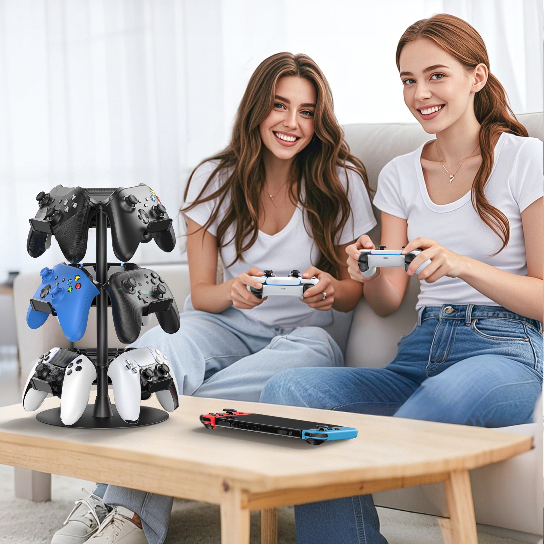 Controller Halter für Tisch, drehbarer Spiel Kopfhörer Halterung, kompatibel mit PS5/PS4/Xbox/Switch/PS Portal, universeller Spieler Zubehör Headset Stand für 9 Controller Storage (Schwarz,3 Stück) 6