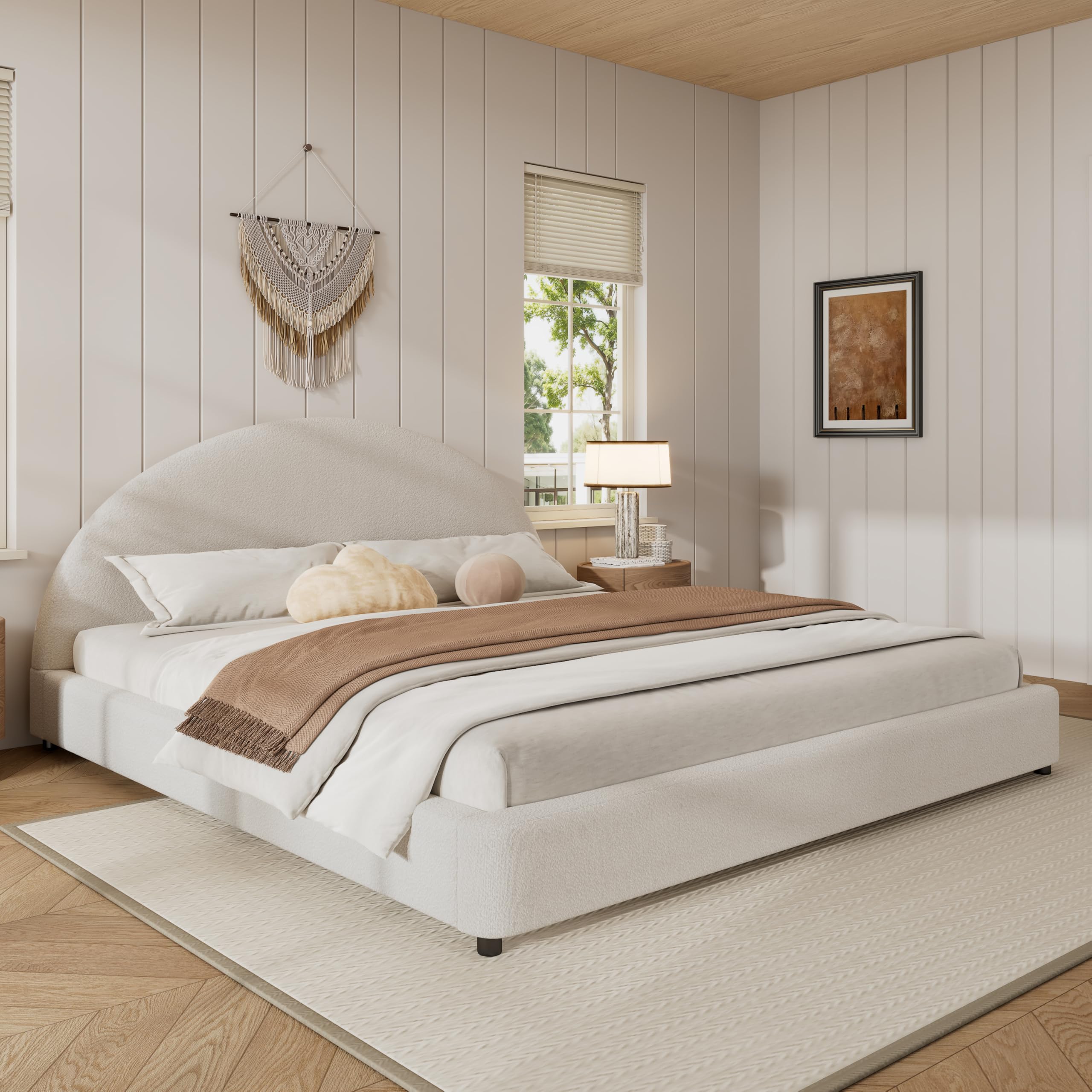 Photo 1 of *partial set* Merax King Size Bed Frame, Elegant Boucle Upholstered Platform Bed with Round Curved Headboard for Bedroom, Solid Wood Slats Support, No Box Spring Needed, Easy Assembly, White ONLY BOX 2 OF 2