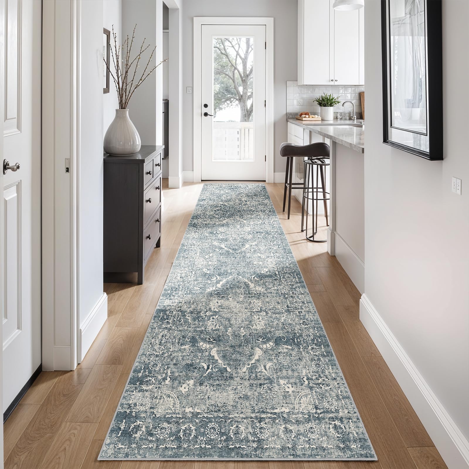 2'6"x12' Washable Hallway Runner Rug - Non Slip Kitchen Runner Rugs with Rubber Backing Vintage Low-Pile Carpet Runners for Entryway Dining Room Laundry Room Home Decor (Blue) Image