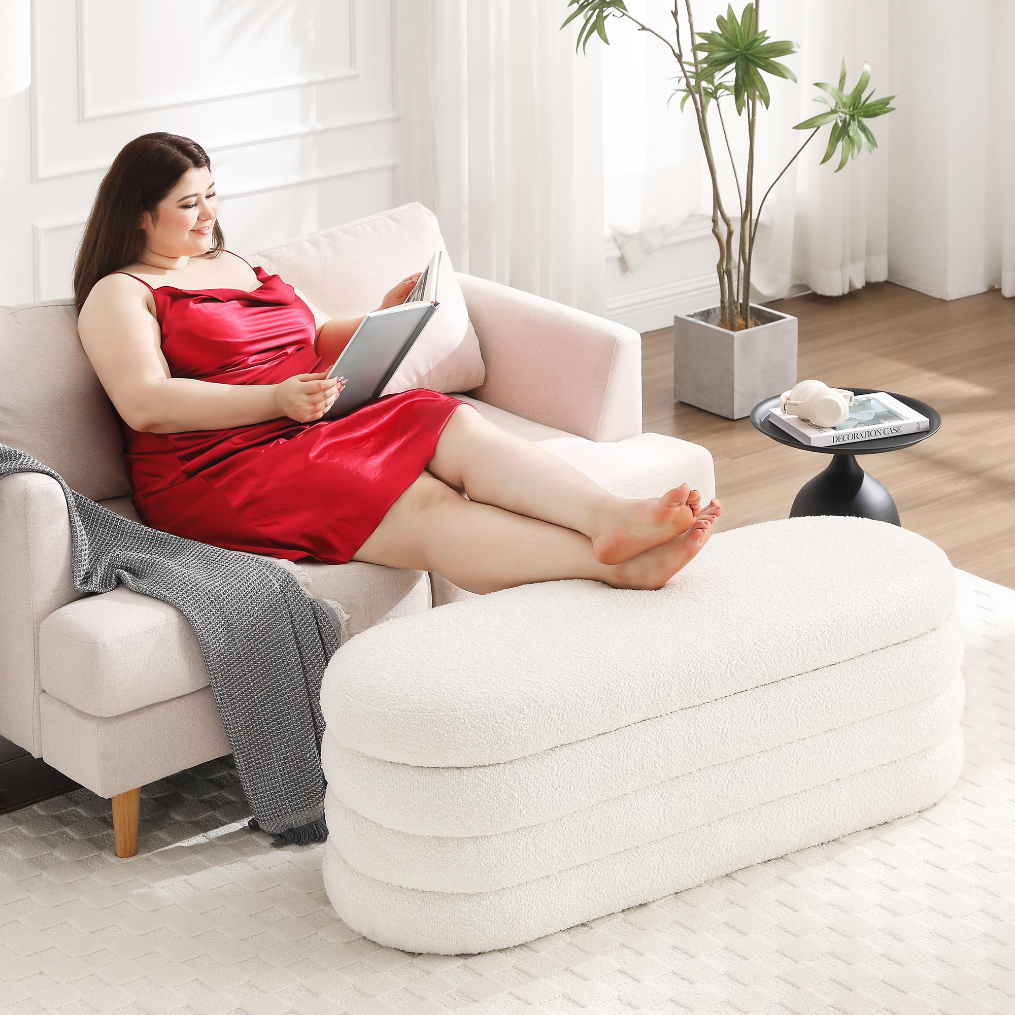 Busaurus Storage Ottoman Bench 49.2 Inch Upholstered Fabric Storage Bench for Bedroom End of Bed Aesthetic Large Oval Storage Ottoman for Living Room Entryway (Ivory) - Image 7