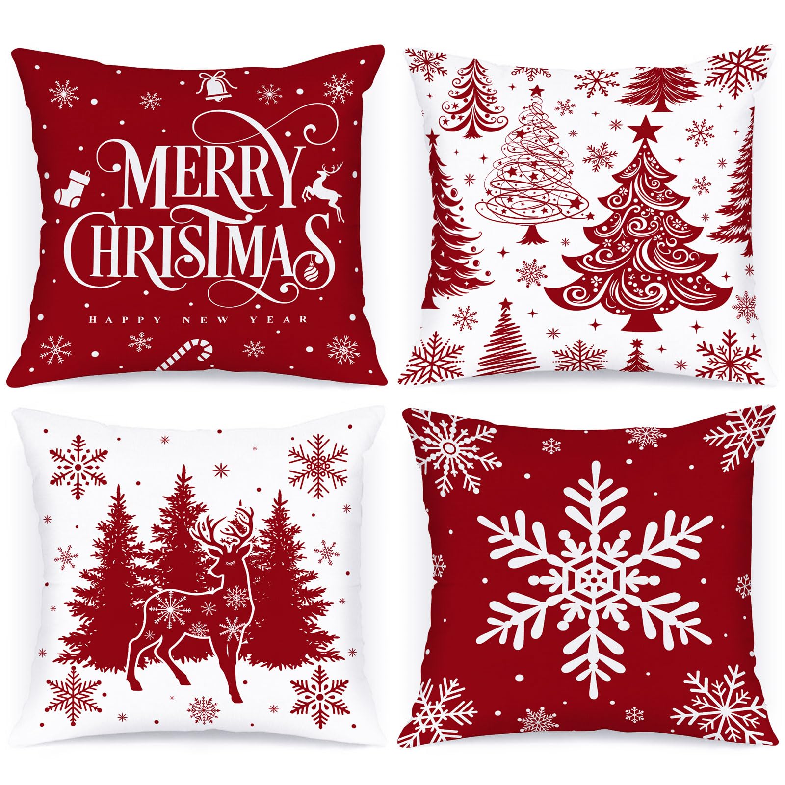 Lanpn 45x45 cm Red Christmas Pillow Covers Set of 4, Winter Decorative Pillow Case, 18x18 Christmas Tree Cushion for Indoor Home Bedroom Sofa Xmas Couch Decor