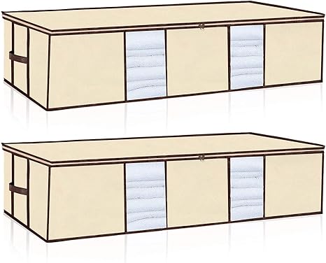 Amazon ベッド下収納バッグ収納 袋 ２つ入り スペースは広く 透明窓付きで クリーム色 折り畳めます 強化ファスナー 厚手生地 毛布 服 アウター 寝室 棚 物置部屋 ふとん収納袋 オンライン通販