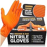 Raxwell Orange Nitrile Gloves 8.5 Mil - Powder-Free Puncture-Resistant Protection - Diamond-Texture Work Gloves with Grip