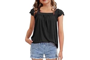 KEREDA Girls Short Sleeve Shirts Summer Tunic Tops Lace Openwork Ruffled Girls Cute Square Neck Clothes Blouse 5-14 Years