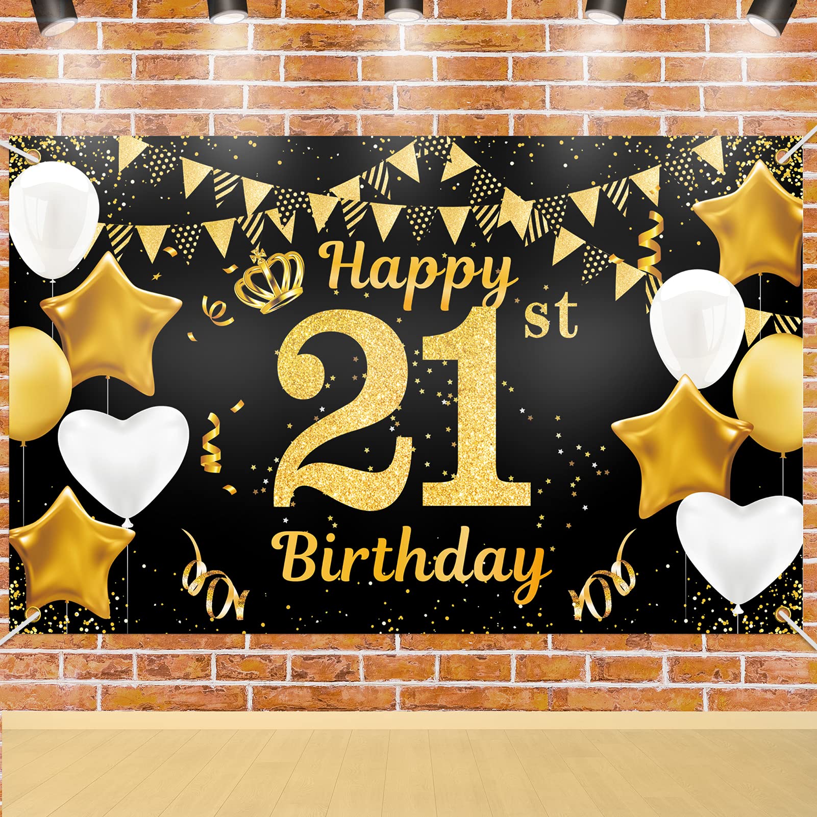 Qpout Extra Large 21st Birthday Backdrop, Legal Adult Happy Birthday Banner Black and Gold, Decorations Backdrop Banner for Boys Girls, 71 x 43.3 in
