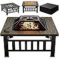 Greesum Multifunctional Patio Fire Pit Table, 32in Square Metal BBQ Firepit Stove Backyard Garden Fireplace with Spark Screen Lid and Rain Cover for Camping, Bonfire and Picnic, Copper Green