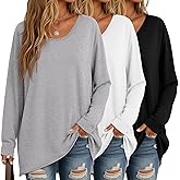 Sweetyweee 3 Pack Women's Oversize Tops, Long Sleeve Cotton Shirts V Neck Basic Unfinished Edge Tees Casual Loose Fall Tops