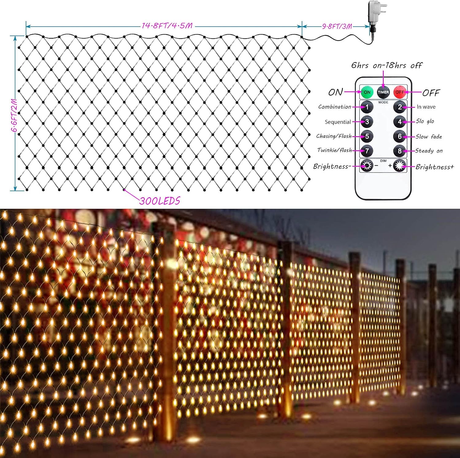 Abkshine Outdoor Garden Net Lights, 300LED 4m x 2m Warm White Mesh Fairy Lights, Mains Powered Christmas Window Lights w/Remote Timer for Garden Back Front Yard Bushes Tree Decorations - Image 5