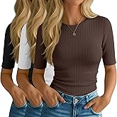 Riyiper 3 Pack Women's Half Sleeve Tops, Elbow Length Ribbed Cotton T Shirt Crew Neck Summer Tee Slim Fit Casual Blouses
