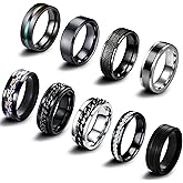 EIELO 9Pcs Stainless Steel Band Rings for Men Women Cool Fidget Spinning Chain Ring Anxiety Relief Fashion Simple Wedding Engagement Black Ring Set