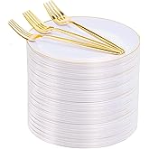 Rubtlamp 200Pcs Gold Plastic Dessert Plates,White Appetizer Platos with Gold Disposable Forks, Fancy Small Dessert/Cake Plates Include 100pcs 7.5" Salad Platos, 100pcs 7.6" Plastic Forks for Party