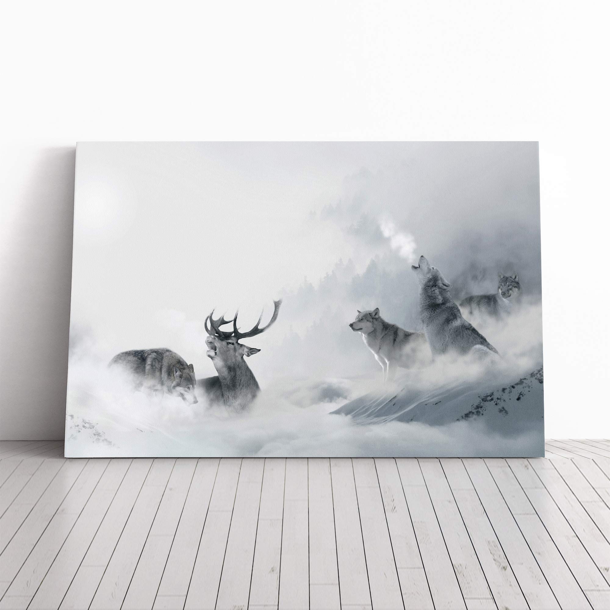 Wolves and Stag Deer Forest Landscape Canvas Print | Gallery Wrapped 30mm Frame Wall Art | 20x14 inches | Ready to Hang | Modern Animals Picture | Living Room Bedroom Lounge Office
