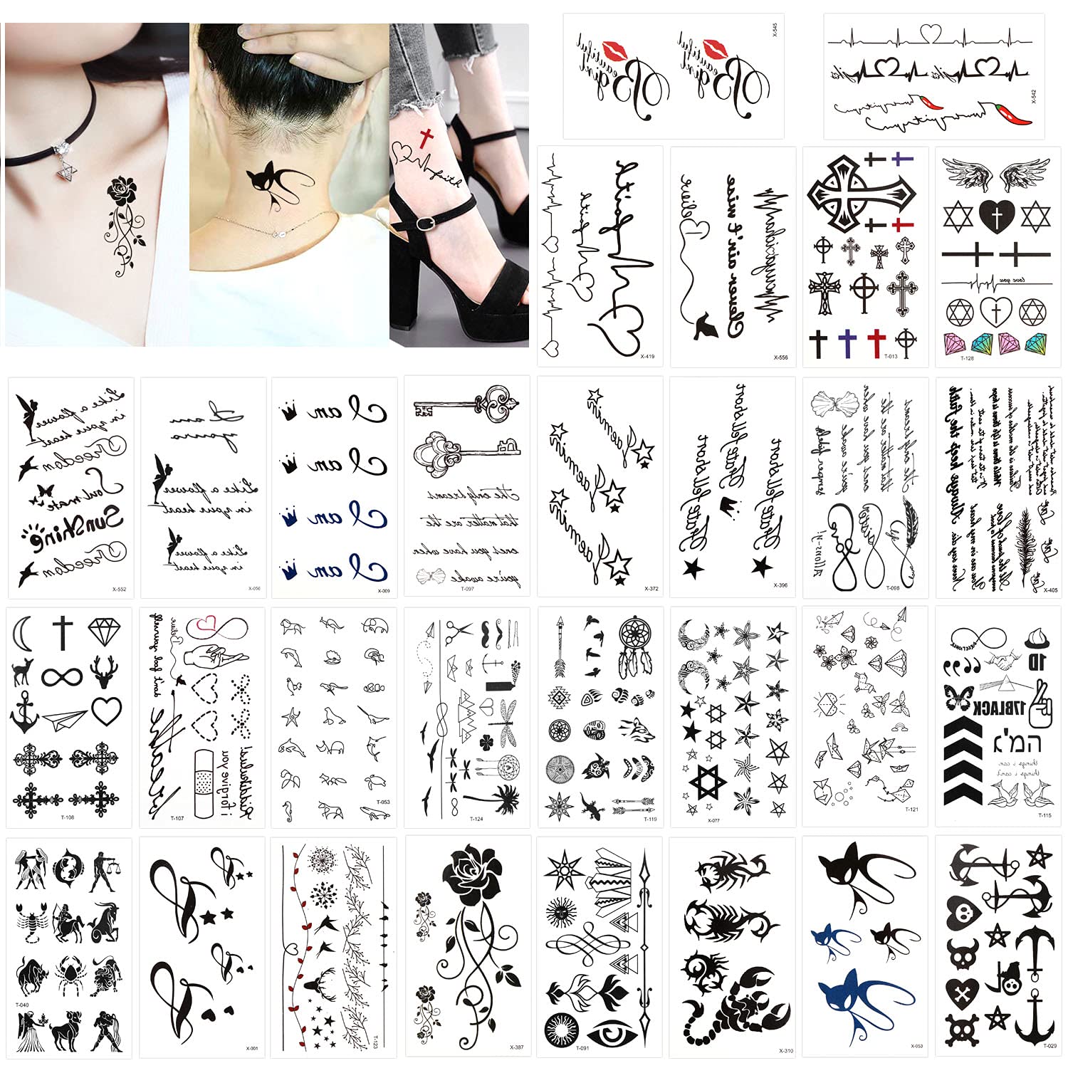 Konsait Temporary Tattoos for Adult Women Men Kids(30 Sheets), Waterproof Temporary Tattoo Fake Black Tiny Tattoos Body Art Sticker Hand Neck Wrist Cover Up Set